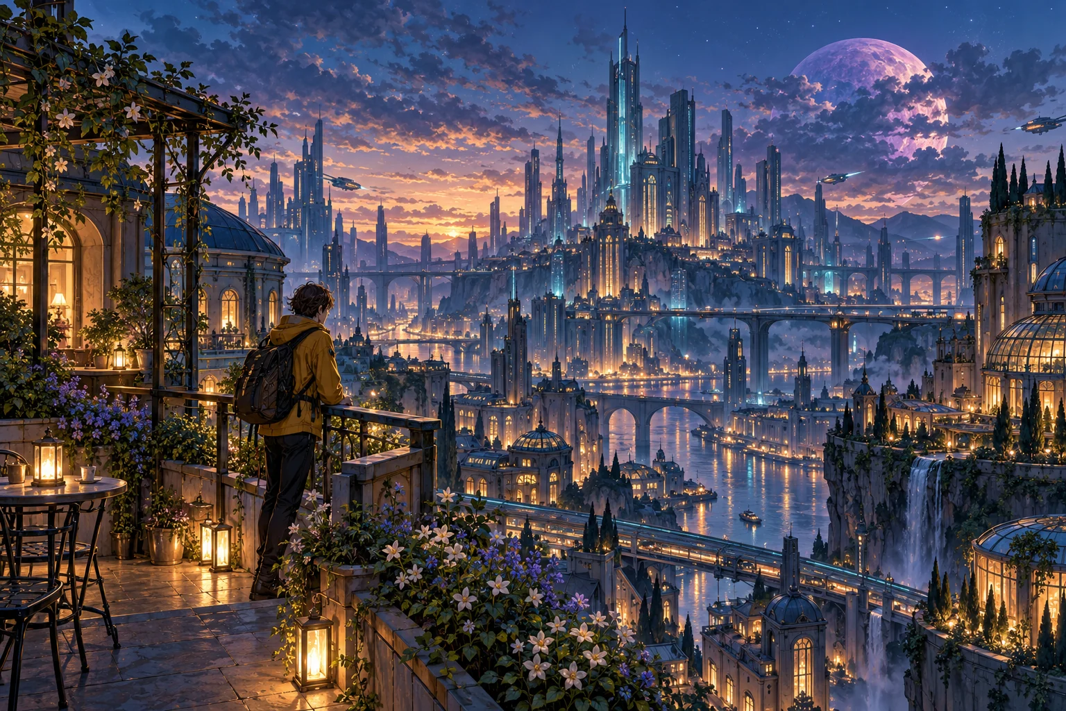 A traveler watches the lights of a futuristic city from a rooftop garden at blue hour.