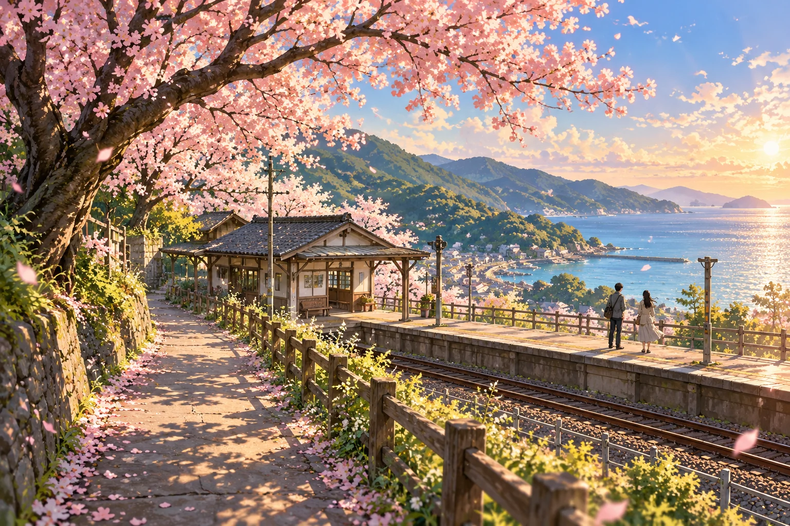 Cherry blossoms frame a quiet coastal train station where two friends wait in the afternoon sun.